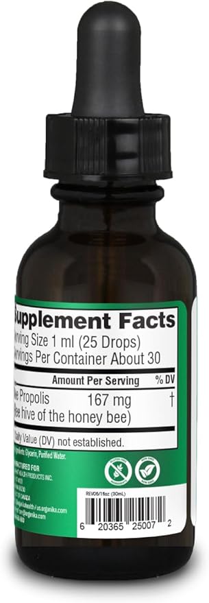 Organika Bee Propolis Tincture 1 oz: Vegan Propolis Extract - Throat and Breathing - Free of Gluten, GMO, & Artificial Flavors - 10 Day Prop Drops Supply