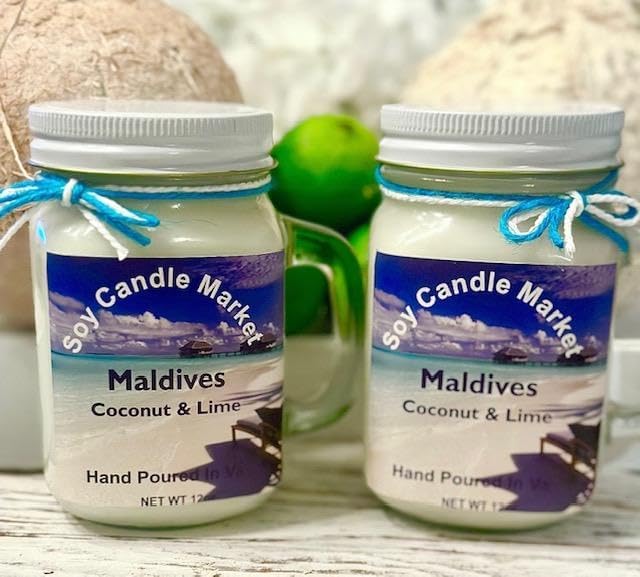 Soy Scented Candles | Handmade & Highly Aromatic Candles Burns Upto 85 Hours in Glass Jar - Perfect for Home Decor, Wedding, Birthday, Dinner (Coconut & Lime) (Maldives, 12 oz)