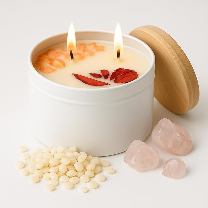 Aqua MARR Handcrafted Bohemia Roses Soy Wax Candle, 8 oz Dual-Wick Soy Candle with Dried Rose Petals, White Metal Container