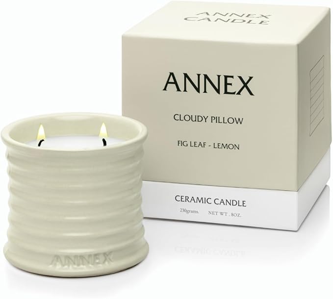 Annex Fig Leaf & Lemon Luxury Scented Candle - Handmade Ceramic Jar - 50hr Clean Burn, Non-Toxic Soy Wax - Aesthetic Home Decor Winter Gift for Women & Men - Amber & Sandalwood