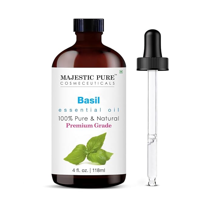 Majestic Pure Essential Oil with Glass Dropper - 100% Pure and Natural - Essential Oils for Diffuser, Aromatherapy, Soap and Candle Making, Basil Essential Oil, Basil Oil, 4 Fl Oz