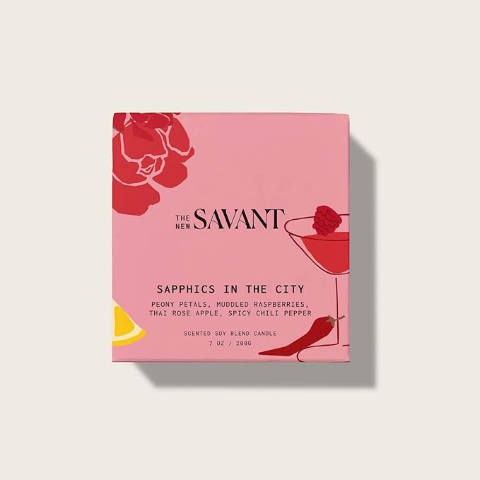 The New Savant Scented Candle - Sapphics in The City - Aesthetic Candle for Home, Raspberry, Lemon, Peony & Vanilla, Soy Wax Blend, Vegan & Cruelty-Free, 50-Hour Burn Time - 7oz