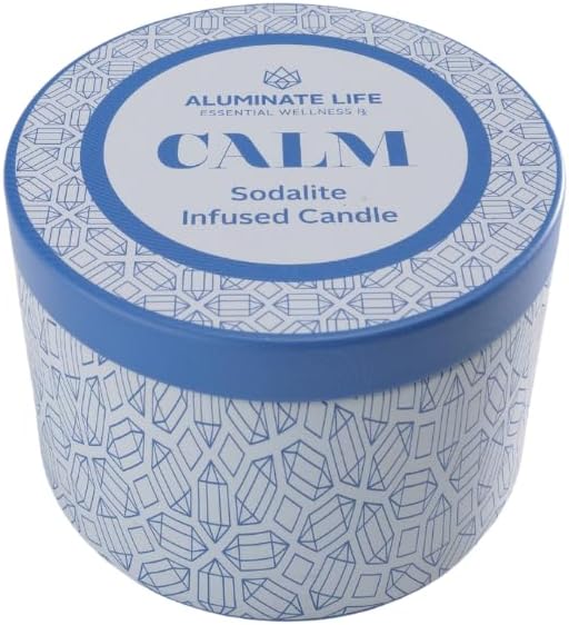 Luxury Candle Tin, 6 OZ, Calm - Sodalite Healing Crystal Infused - Scents of Chamomile, Howood, & Sage - Destress, Insight, Serenity, & Peace - Coconut Wax, Essential Oils