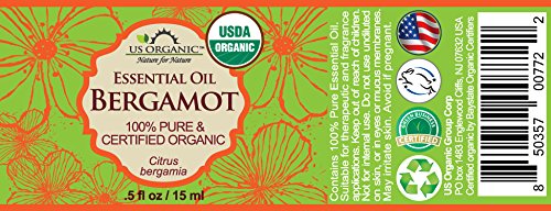 US Organic 100% Pure Bergamot Essential Oil, USDA Certified Organic, Cold Pressed, with Euro droppers (More Size Variations Available) (15 ml / .5 fl oz)