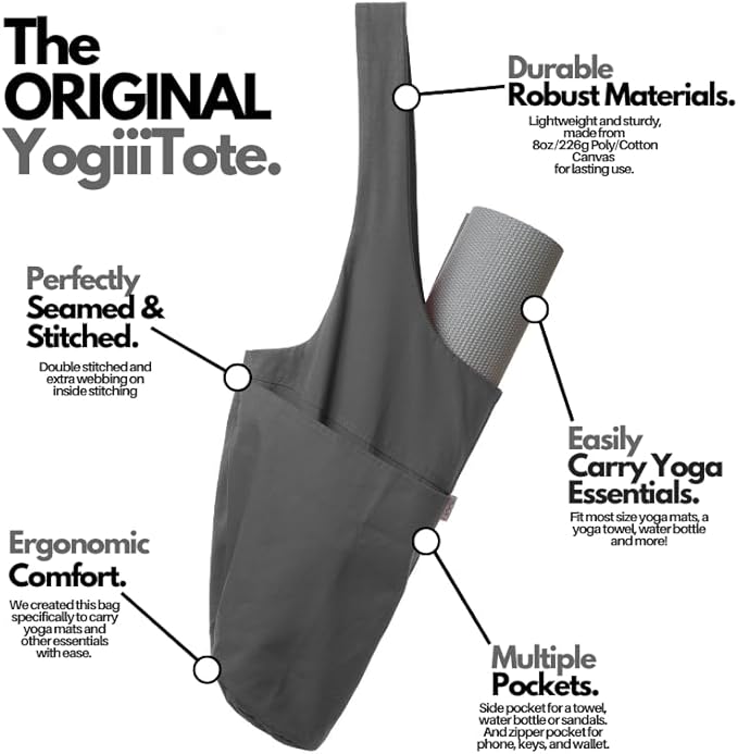 Yogiii Yoga Mat Bag | The ORIGINAL YogiiiTote Yoga Bag | Sling Mat Tote w/Large Side Pocket & Zipper Pocket | Yoga Mat Carrier Fits Most Size Mats
