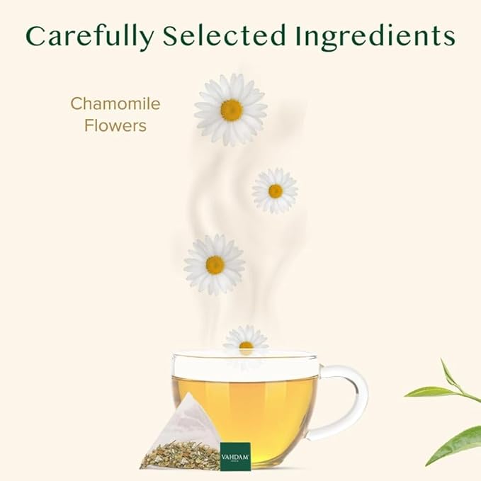 VAHDAM, Chamomile Herbal Tea (100 Pyramid Tea Bags) Resealable Ziplock Pouch | Caffeine Free, Non GMO, Gluten Free | 100% Pure Tisane - Sweet & Floral | Made With Natural Chamomile Flowers