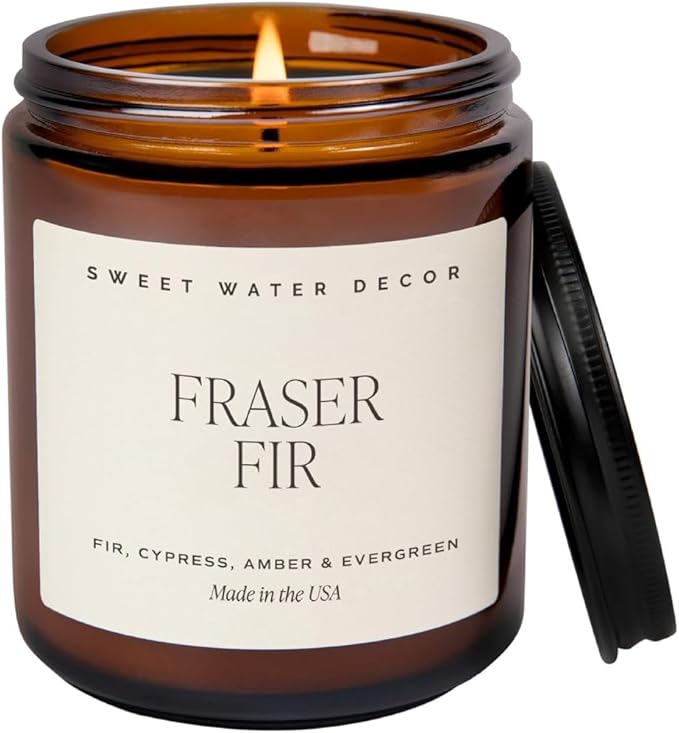 Sweet Water Decor Fraser Fir Christmas Candles - Christmas Stocking Stuffers Cypress, Evergreen & Pine Scented Candles - Scented Candles with 40 Hrs Burn Time - 9Oz Black Lid Amber Jar Wax Candles