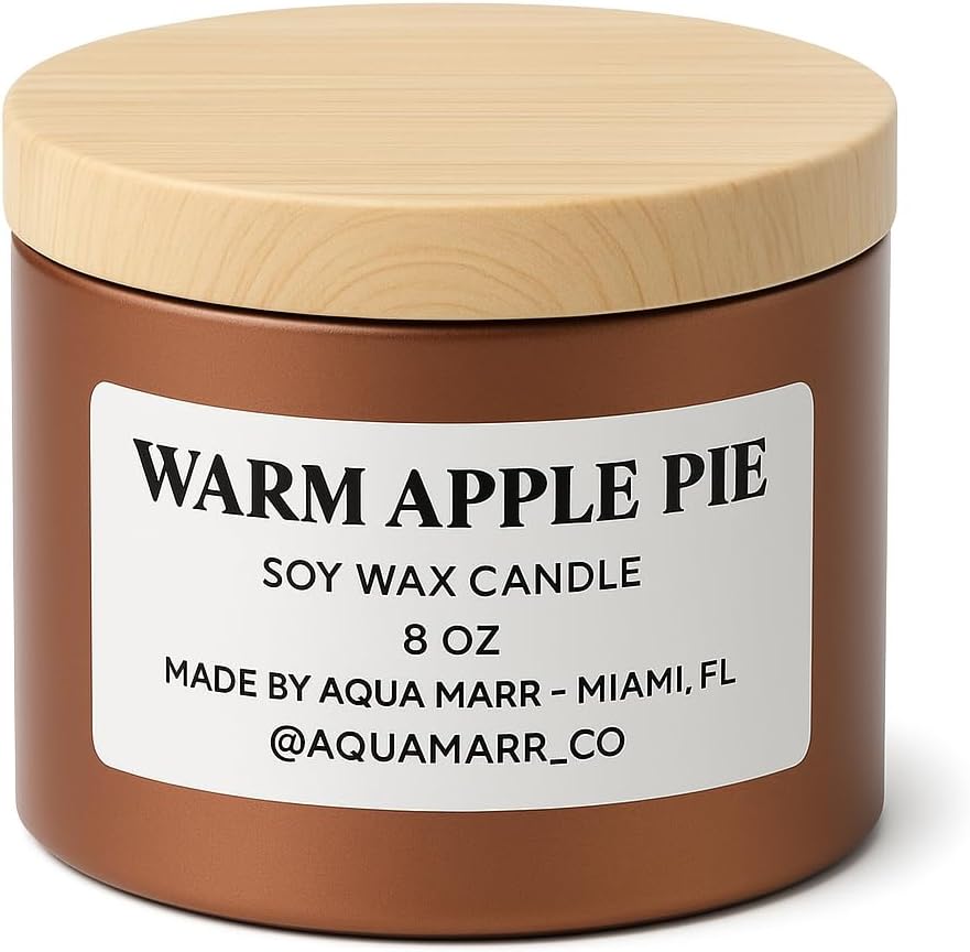 Aqua MARR Handcrafted Warm Apple Pie Soy Wax Candle, 8oz, Gold Metallic Jar with Decorative Top