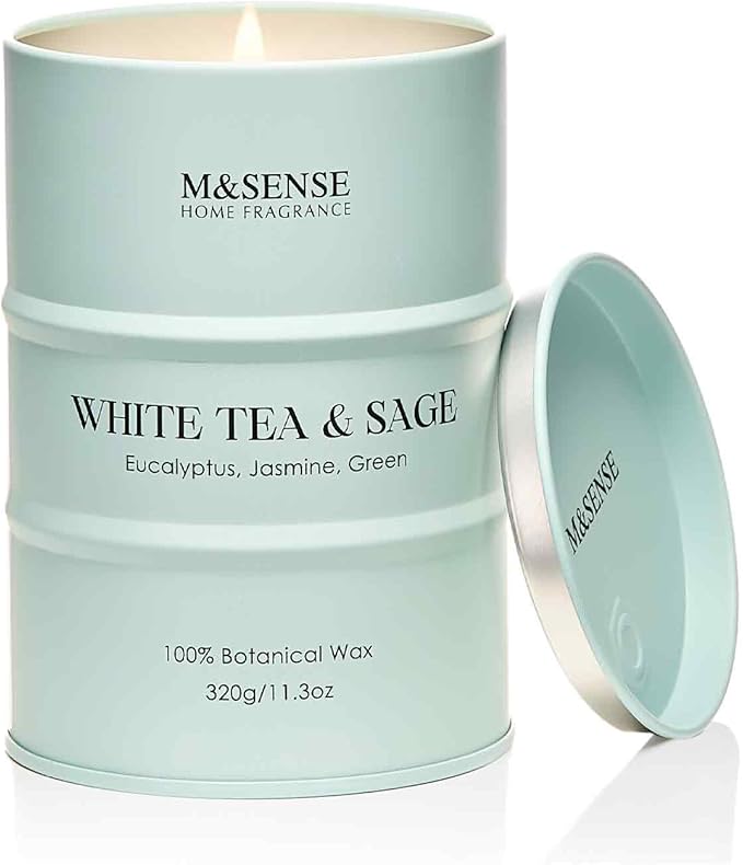 M&SENSE White Tea Sage Scented Candles Natural Non Toxic, Aromatherapy Candle for Stress Relief Meditation Relaxing, Housewarming Gifts for Women Men, 11.3oz 70 Hour Long Burning