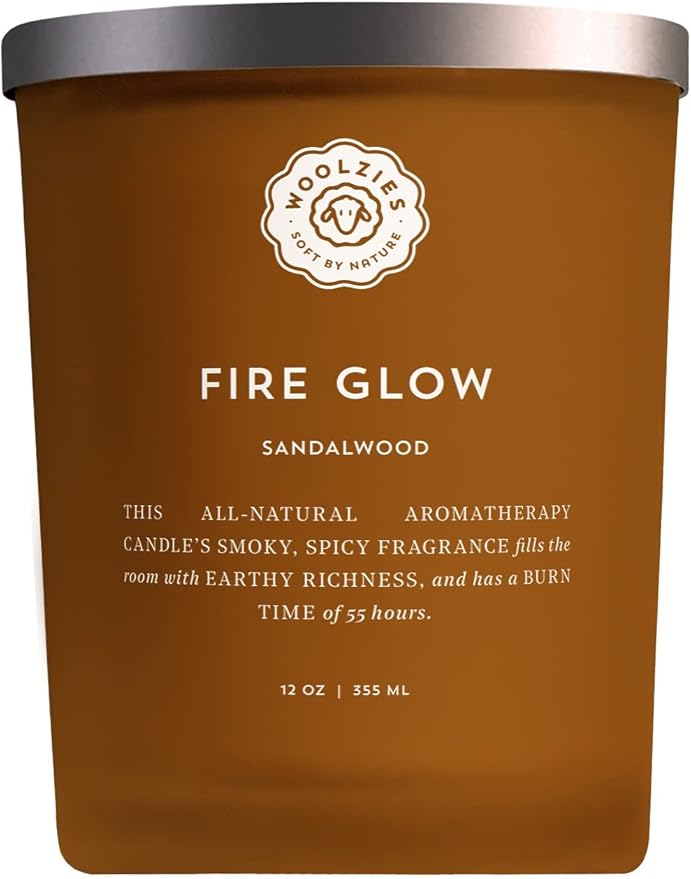 Woolzies Natural Soy Wax Candle | Hand Poured, Long Lasting, Reusable Glass Jar Scented Candle | 12 OZ (Fire Glow Sandalwood)
