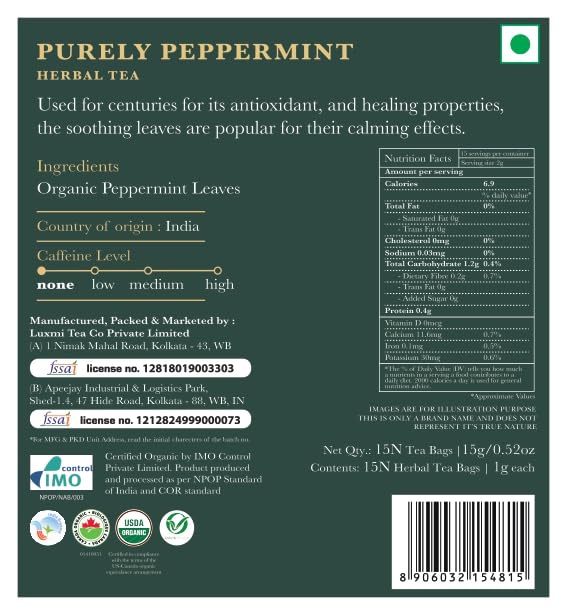 Luxmi Estates Purely Peppermint 50 Tea Bags (100g) Pack | USDA Certified Organic Herbal Tea | Mint Tea Best for Night Time | 50 Cups Bulk Pack
