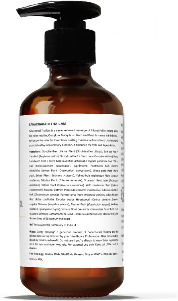 Kerala Ayurveda Sahacharadi Thailam - 6.76 Fl Oz | Herbal Massage Body Oil | Lower Back and Legs Support Oil | Enhances Healthy Circulation | Natural Muscle, Joint, & Ligament Relaxant