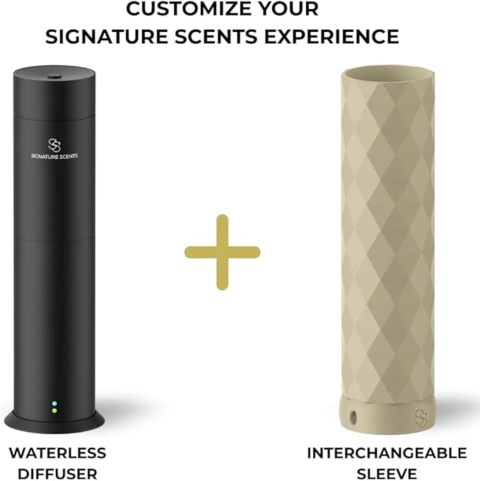 Waterless Essential Oil Hotel Scent Diffuser - Cold Air Diffuser - Covers 1000 sq. ft. - Waterless Diffuser for Home, Office & Hotel (Black + Interchangeable Sleeve) (Black + Bone White Sleeve)