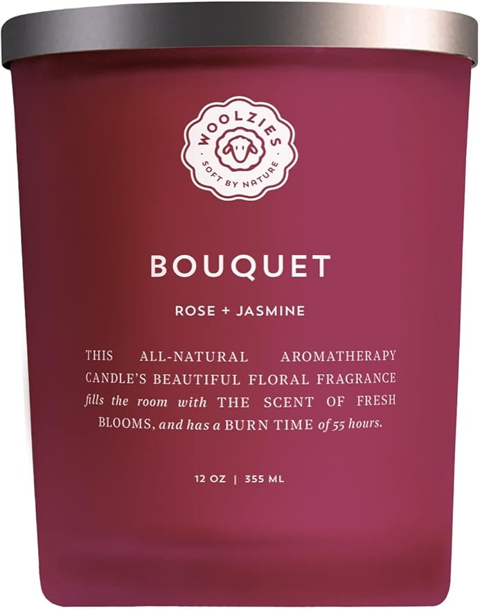 Woolzies Natural Soy Wax Candle | Hand Poured, Long Lasting, Reusable Glass Jar Scented Candle | 12 OZ (Bouquet Rose + Jasmine)