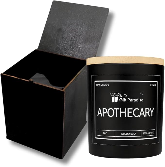Apothecary Candle by Gift Paradise – 7 oz Soy Wax Candle with Wooden Wick in Premium Wooden Gift Box | Warm Amber, Musk & Herb Blend | Luxury Handmade Candle for Home & Holiday Décor