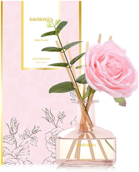 Reed Diffusers Set Rose Scent, Reed Diffuser for 120 Days, Diffusers for Home Pink Bottle,Bathroom Diffuser with 7 Sticks, Home Decor, Shelf Decor