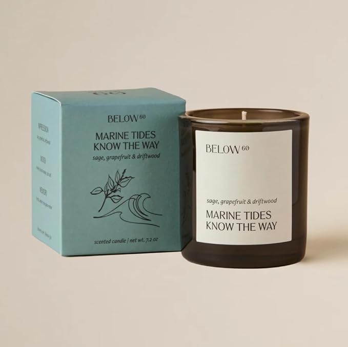 Hilary Duff’s Below 60 Scented Candle | Marine Tides Know The Way | Clean-Burning | Hand-Made with Paraffin-Free Soy Wax | 40 hr Burn Time | Sage, Grapefruit, Driftwood (7.2oz)