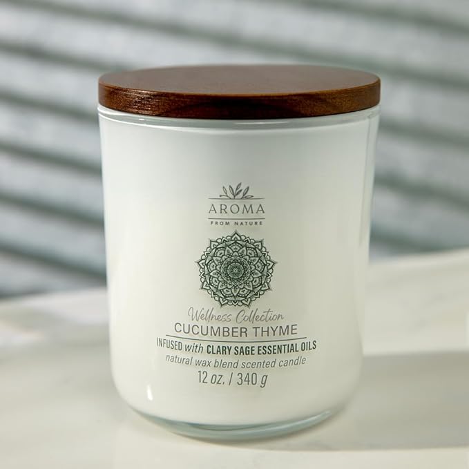Aroma from Nature Wellness Collection Candle, 12 oz, 2 Cotton Wicks, Cucumber Thyme, Large Painted Jar
