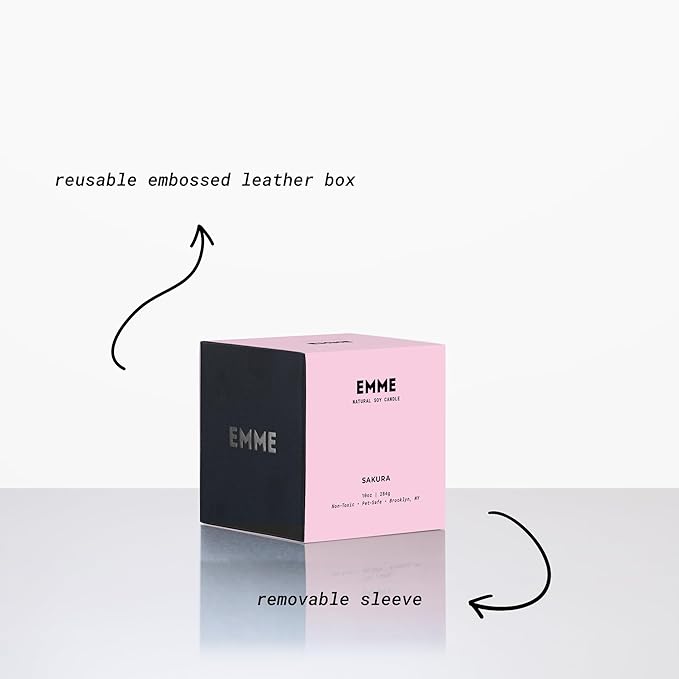 EMME NYC Scented Candle Jar - Black Glass, Soy, Natural, Non-Toxic, Pet-Safe, Up to 60 Hours Burn Time, Wood Wick, Strong Scent, Cruelty-Free, 10 oz - Sakura