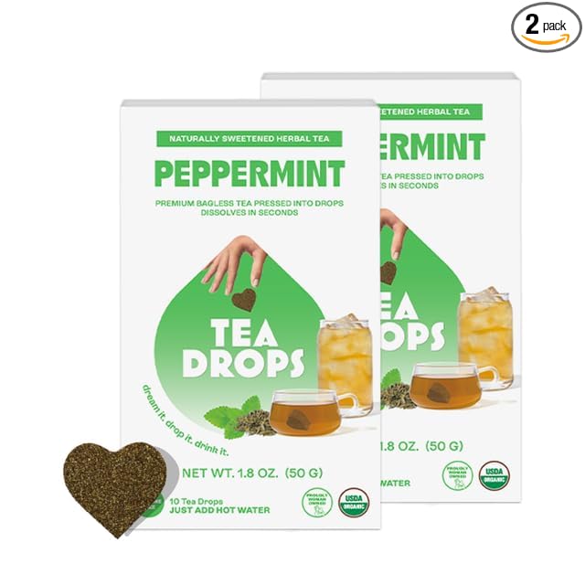 Tea Drops Lightly Sweetened Organic Tea Bulk Box | Sweet Peppermint | Caffeine Free | Iced or Hot Herbal Tea Beverages Gift Set | Includes Organic Peppermint Oil & Spearmint Leaves | 10 Drops per Box