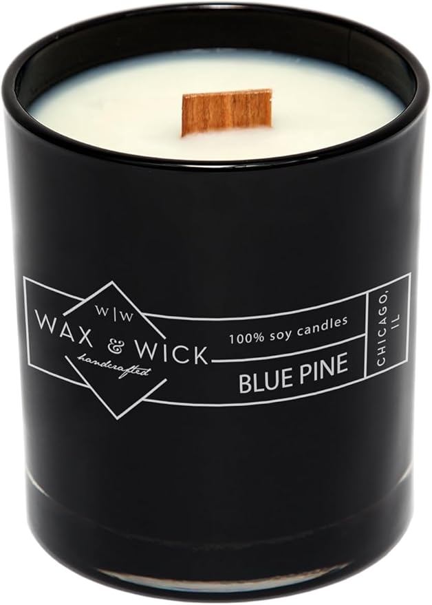 Wax and Wick 12oz Scented Candle for Men, 100% Soy Wax, Double Wood Wick, Black Jar, Blue Pine Scent, Long Lasting, Masculine Scents, Perfect for Home, Mancave, Bachelor Pad, Men's Gift - Made in USA