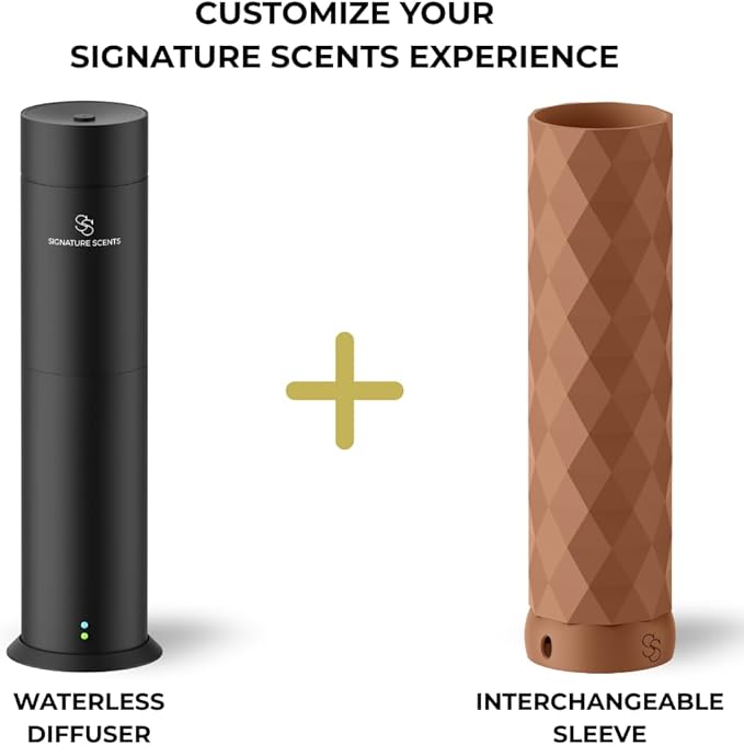 Waterless Essential Oil Hotel Scent Diffuser - Cold Air Diffuser - Covers 1000 sq. ft. - Waterless Diffuser for Home, Office & Hotel (Black + Interchangeable Sleeve) (Black + Teakwood Sleeve)