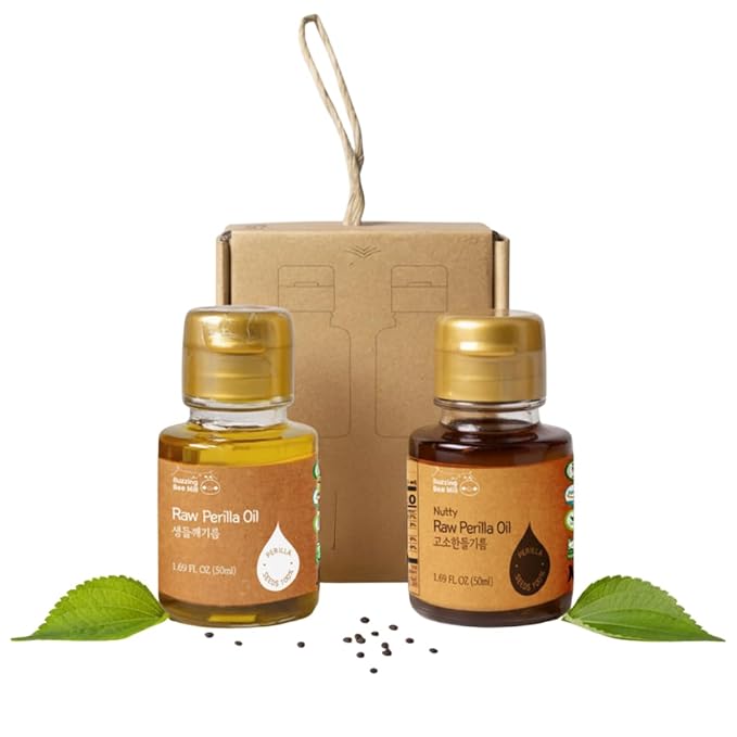Korean Food Perilla Oil Mini Set (2 × 1.69 fl oz / 50 ml), Raw & Nutty Cold-Pressed Perilla Oils from 100% Korean Perilla Seeds, 냉온압착 들기름