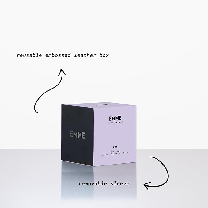 EMME NYC Scented Candle Jar - Black Glass, Soy, Natural, Non-Toxic, Pet-Safe, Up to 60 Hours Burn Time, Wood Wick, Strong Scent, Cruelty-Free, 10 oz - Best Smelling Scented Candles (Ube)
