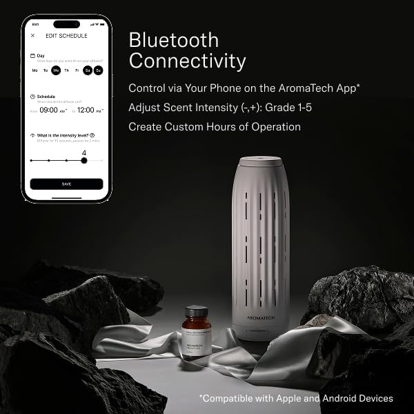 AromaTech Ambience Scent Diffuser for Essential Oil Blends & Fragrances – Waterless Scent Machine w/Bluetooth for Home, Bathroom Boutiques, Hotel, Spa – Charcoal