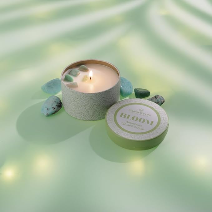 Luxury Candle Tin, 6 OZ, Bloom - Amazonite Crystal Infused - Scents of Lavender, Neroli, and Jasmine - Hope, Discovery, & Growth - Coconut Wax, Essential Oils, Dr. Developed