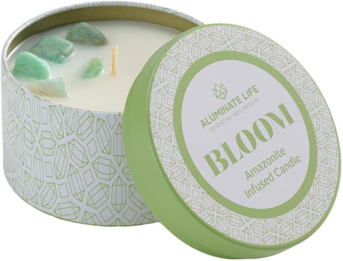 Luxury Candle Tin, 6 OZ, Bloom - Amazonite Crystal Infused - Scents of Lavender, Neroli, and Jasmine - Hope, Discovery, & Growth - Coconut Wax, Essential Oils, Dr. Developed