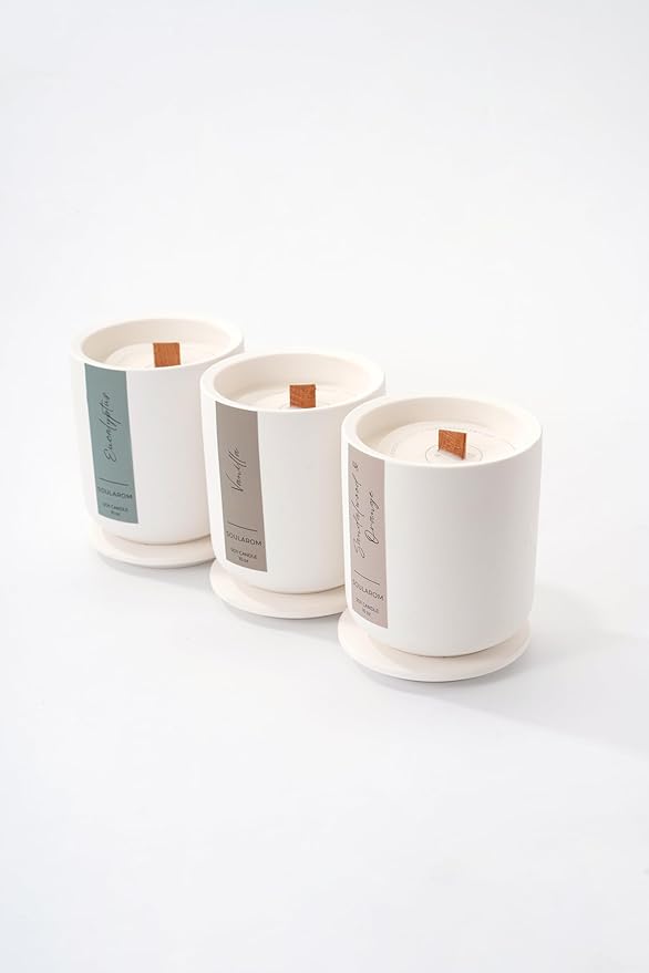 Candles for Home Scented – 10oz Hand Poured Aromatherapy Eucalyptus Candle Soy Wax Candles in Elegant Ceramic Jar – Crackling Wooden Wick Decorative Candle with 60 Hours Burn Time