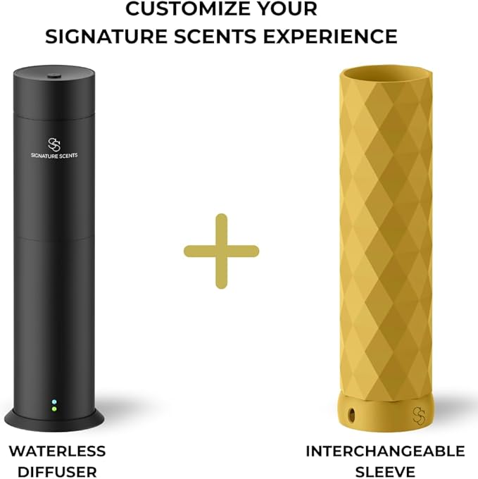 Waterless Essential Oil Hotel Scent Diffuser - Cold Air Diffuser - Covers 1000 sq. ft. - Waterless Diffuser for Home, Office & Hotel (Black + Interchangeable Sleeve) (Black + Gold Sleeve)