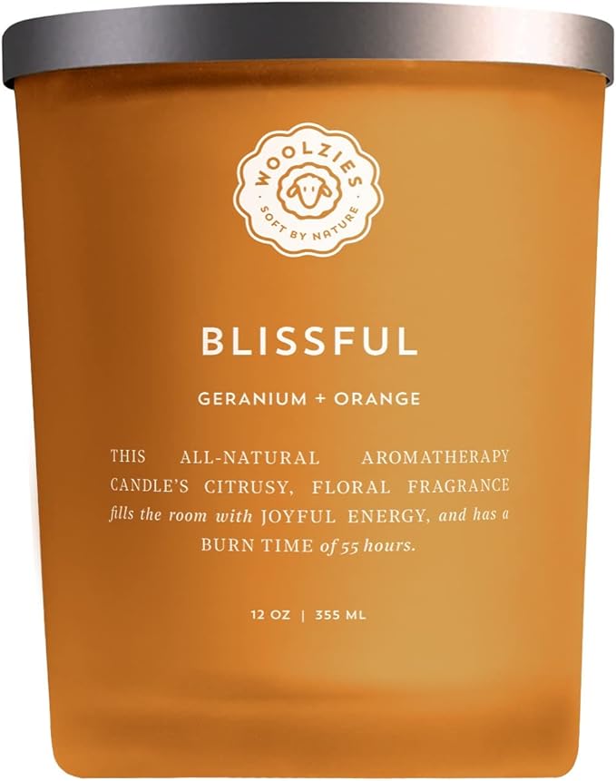 Woolzies Natural Soy Wax Candle | Hand Poured, Long Lasting, Reusable Glass Jar Scented Candle | 12 OZ (Blissful Geranium + Orange)