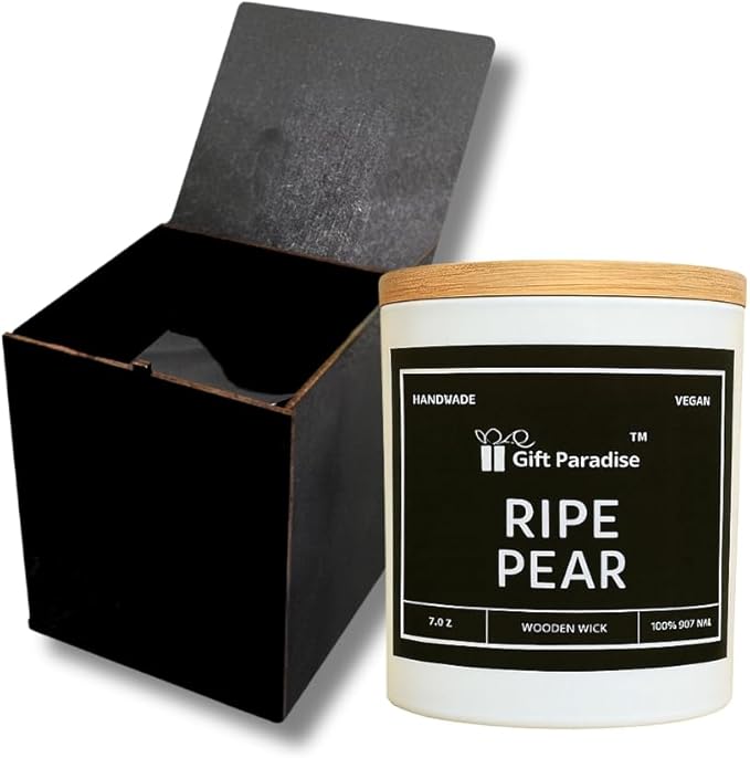 Ripe Pear Gift Paradise 7 oz Soy Wax Candle with Wood Wick and Premium Wooden Gift Box – Handcrafted Vegan Candle, Non-Toxic, Fruity & Fresh Aroma for Home, Kitchen, Relaxation & Gifting