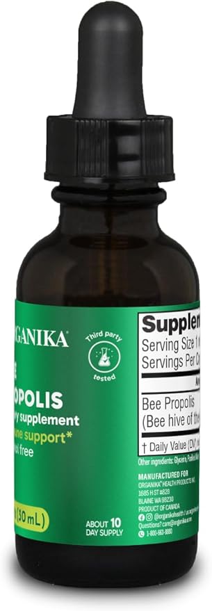 Organika Bee Propolis Tincture 1 oz: Vegan Propolis Extract - Throat and Breathing - Free of Gluten, GMO, & Artificial Flavors - 10 Day Prop Drops Supply