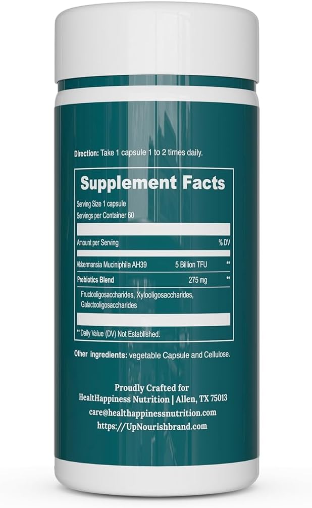 UpNourish Probiotics for GLP-1 Support, 5 Billion TFU Akkermansia Muciniphila for Digestive Health, Leaky Gut, Immunity and Metabolic Health, Prebiotics and Probiotics for Women and Men, 60 Capsules