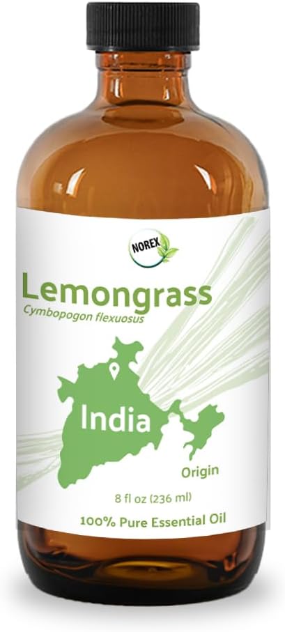 Lemongrass Essential Oil - Natural Aceite de Hierba Limón from Norex Flavours India - Lemongrass Essential Oils for Hair, Aromatherapy and Massage (8oz)