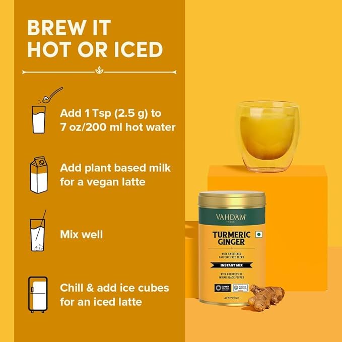 VAHDAM, Golden Milk Powder/Turmeric Ginger Latte Mix (100g, 40 Cups) Caffeine-Free | Powerful Curcumin, Turmeric Powder & Ginger | Brew Hot/Iced Tea