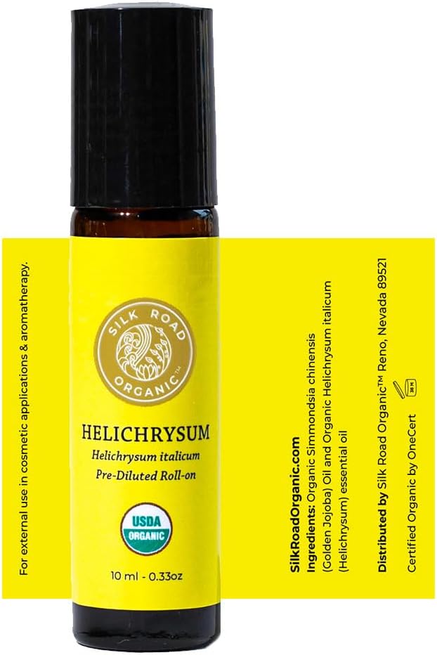 Silk Road Organic Helichrysum Italicum Essential Oil Roll on for Skin Care, Wrinkles, Scars, Bruises - USDA Certified Immortelle Oil 10ml Aromatherapy Roller - Always Pure, Always Organic