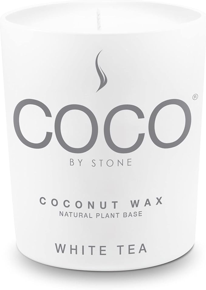 COCO by Stone 11oz Candle, Coconut Apricot Wax Candle for Home (White Tea) Home Fragrance Products, 1 Wick Candle, Enhance Indoor Aroma, Vegan & Cruelty-Free, Clean Burning and Hand Poured Candle