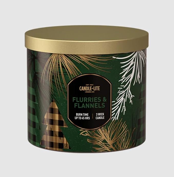 Candle-lite Holiday Scented Candles, Flurries & Flannels Fragrance, 14 oz 3-Wick Jar Candle, Proudly Poured in USA, Christmas Home Decor Candle, 45 Hours of Burn Time, Holiday Gift for Men and Women