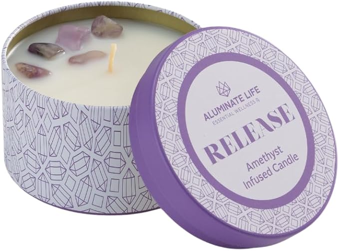 Luxury Candle Tin, 6 OZ, Release - Amethyst Healing Crystal Infused - Scents of Lavender, Bergamot, & Frankincense - Relieve, Support, & Transform - Coconut Wax, Essential Oils