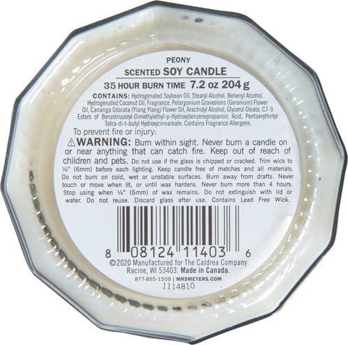 MRS. MEYER'S CLEAN DAY Soy Aromatherapy Candle, 35 Hour Burn Time, Made with Soy Wax and Essential Oils, Peony, 7.2 oz