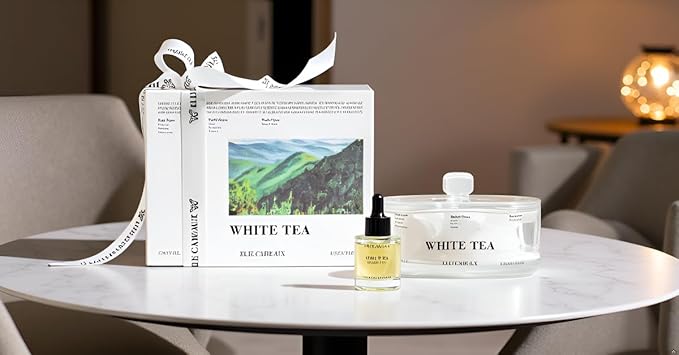 White Tea Oil Diffuser Aromatherapy Gift Set with Crystal Stones – Home Spa & Relaxation Oil Gift for Women, Luxury Decor & Gift for Women, Housewarming or Birthday Gift Set | 1.06oz