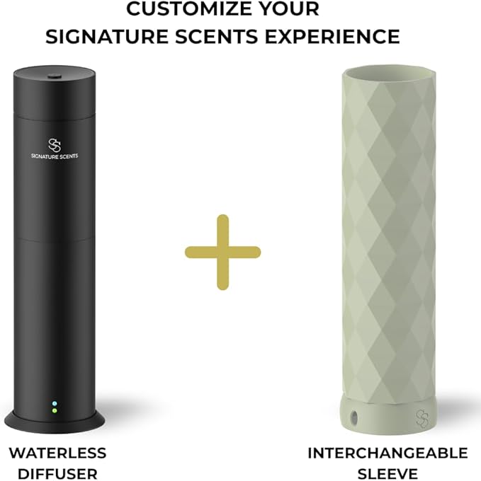 Waterless Essential Oil Hotel Scent Diffuser - Cold Air Diffuser - Covers 1000 sq. ft. - Waterless Diffuser for Home, Office & Hotel (Black + Interchangeable Sleeve) (Black + Light Gray Sleeve)