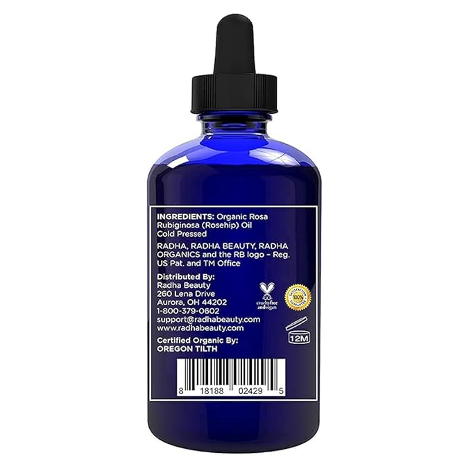 Radha Beauty 4 oz Organic Rosehip Seed Oil 100% Pure Cold Pressed - Great Carrier Oil for Moisturizing Face, Hair, Skin, & Nails, Hydrating and Nourishing