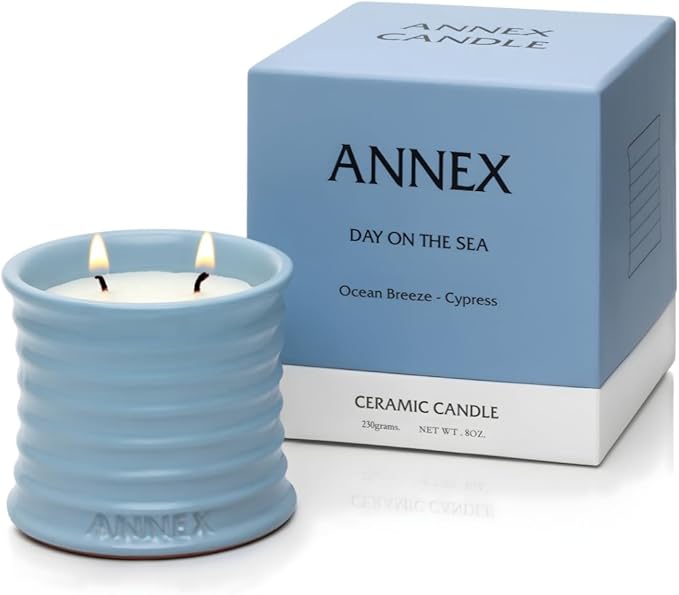 Annex Sea Breeze & Cypress Balls Luxury Scented Candle - Handmade Ceramic Jar - 50hr Clean Burn, Non-Toxic Soy Wax - Aesthetic Home Decor Winter Gift for Men & Women - Sandalwood & Oud