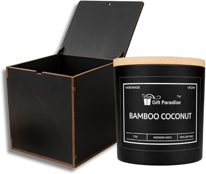 Gift Paradise® Bamboo & Coconut Premium Scented Candle 7oz – All-Season Soy Wax Candle with Wooden Wick – Non-Toxic, Vegan, Clean Burn – Glass Jar – Wooden Gift Box Included