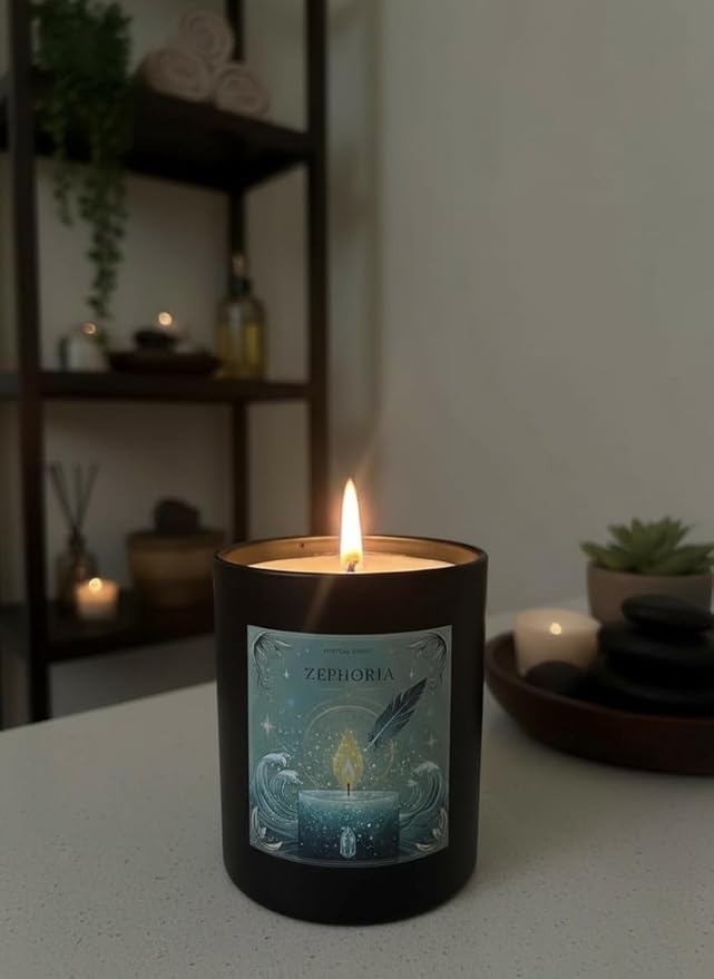 Wick & Whisper - Zephoria Ritual Candle — Eucalyptus & Sea Salt Aromatherapy Soy Candle for Energy Healing, Spiritual Cleansing, Morning Resets | 10 oz Matte Black Jar